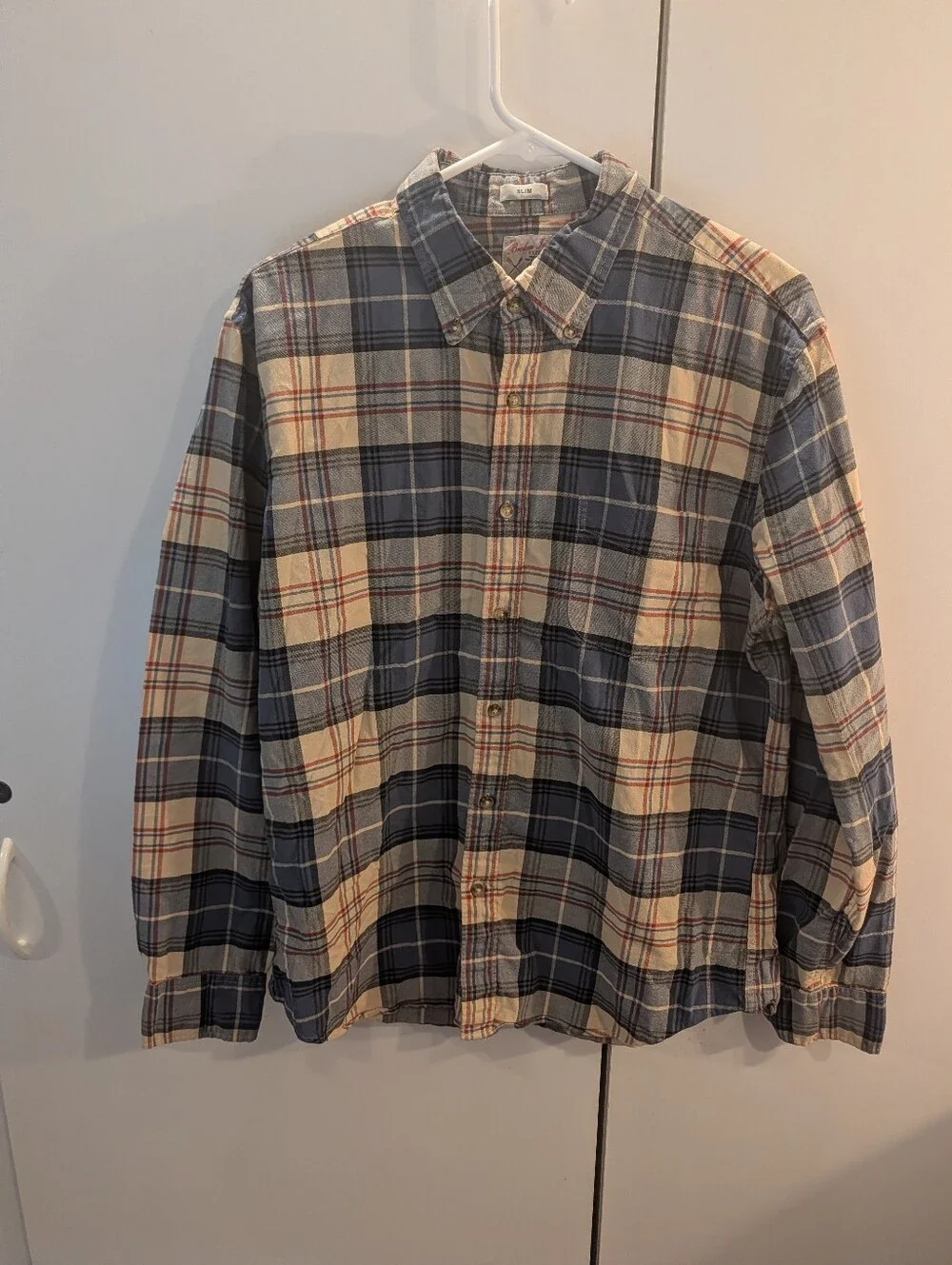 J Crew Men's Plaid Button-Down Slim Broken-In Oxford Shirt in Blue and Cream